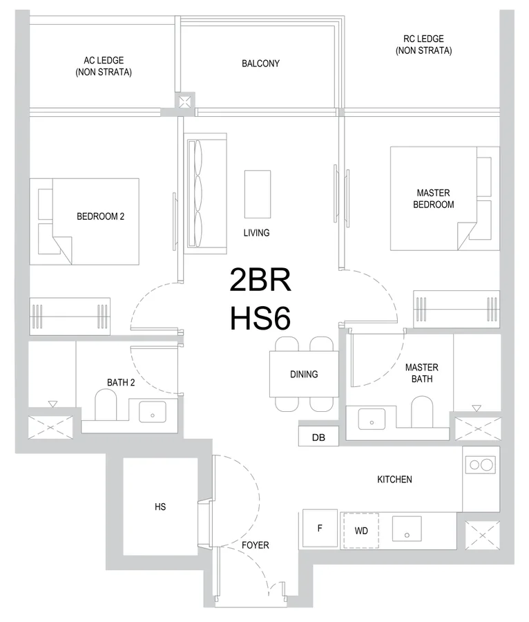 One Marina Gardens floor plan, type 2BR HS6: 2-Bedroom, 721 sq ft