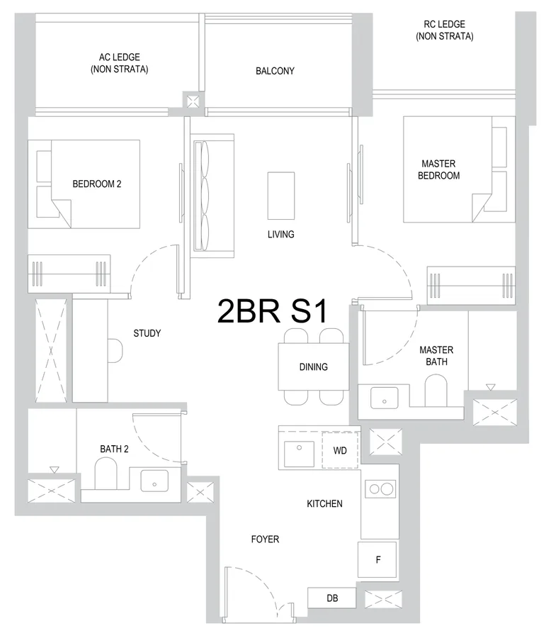 One Marina Gardens floor plan, type 2BR S1: 2-Bedroom, 678 sq ft