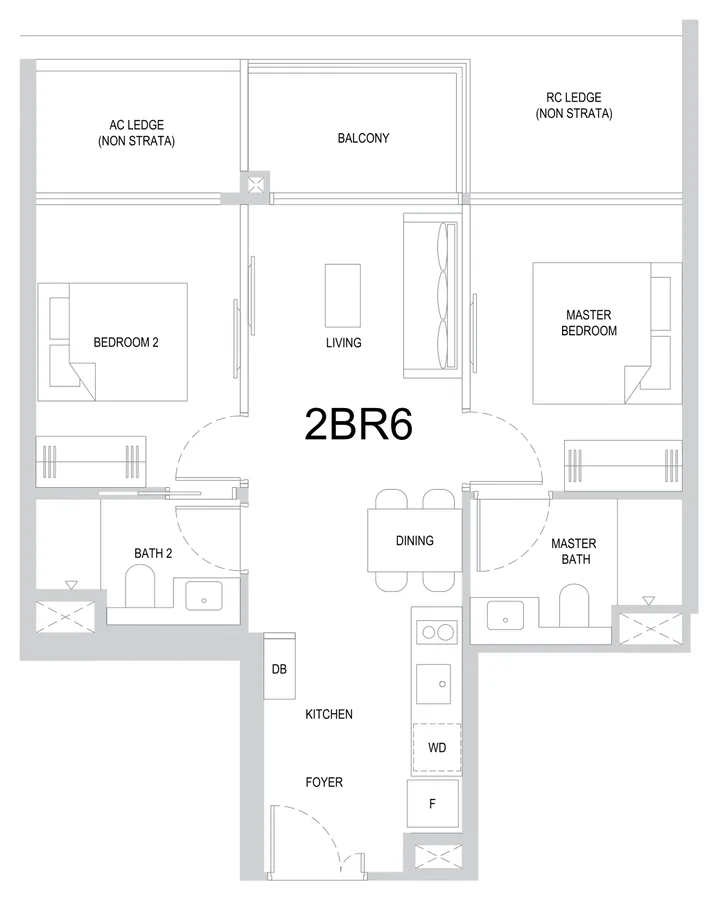 One Marina Gardens floor plan, type 2BR6: 2-Bedroom, 646 sq ft