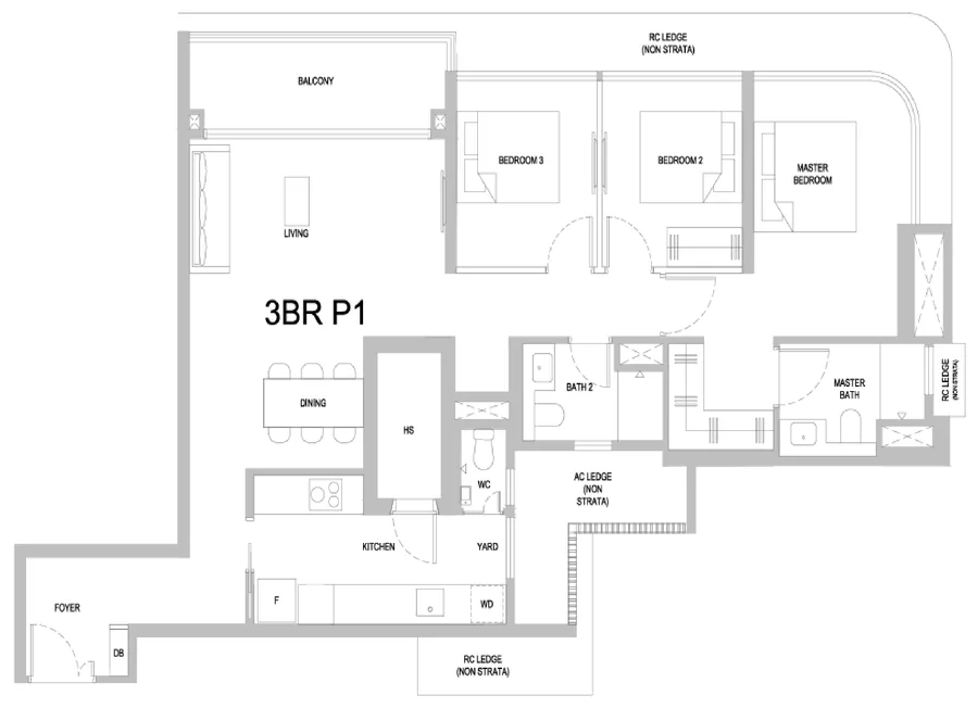 One Marina Gardens floor plan, type 3BR P1: 3-Bedroom, 1,173 sq ft