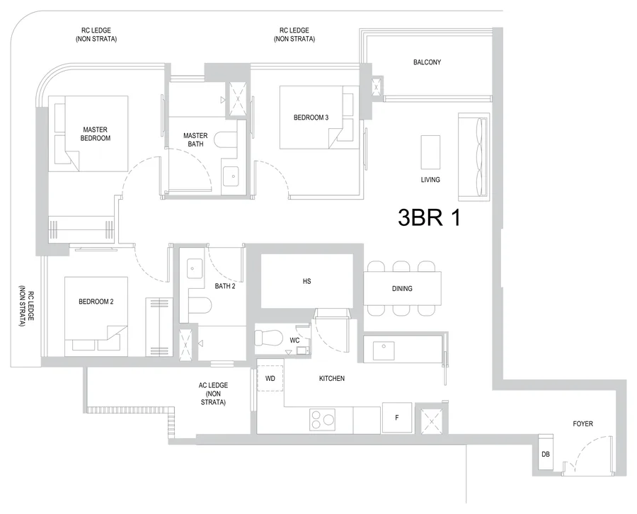 One Marina Gardens floor plan, type 3BR1: 3-Bedroom, 1,012 sq ft