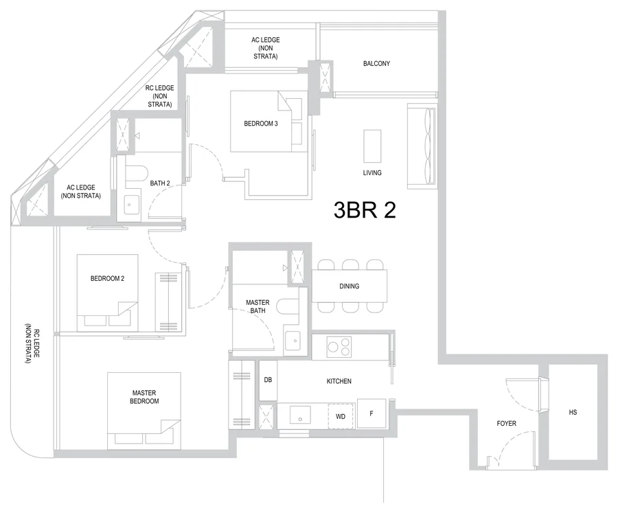 One Marina Gardens floor plan, type 3BR2: 3-Bedroom, 980 sq ft