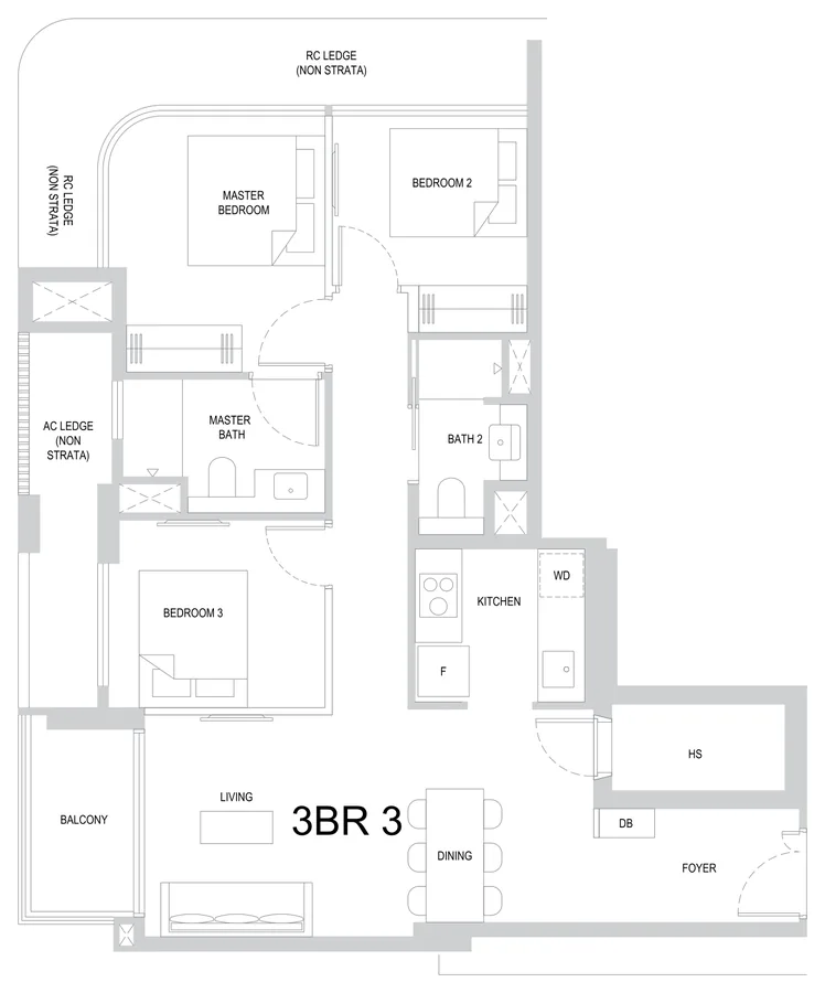 One Marina Gardens floor plan, type 3BR3: 3-Bedroom, 904 sq ft