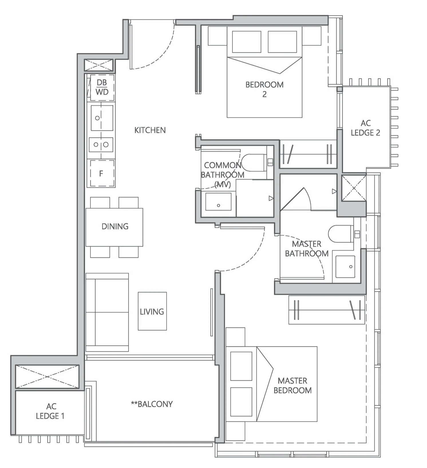 One Meyer floor plan, type A: 2-Bedroom, 614 sq ft