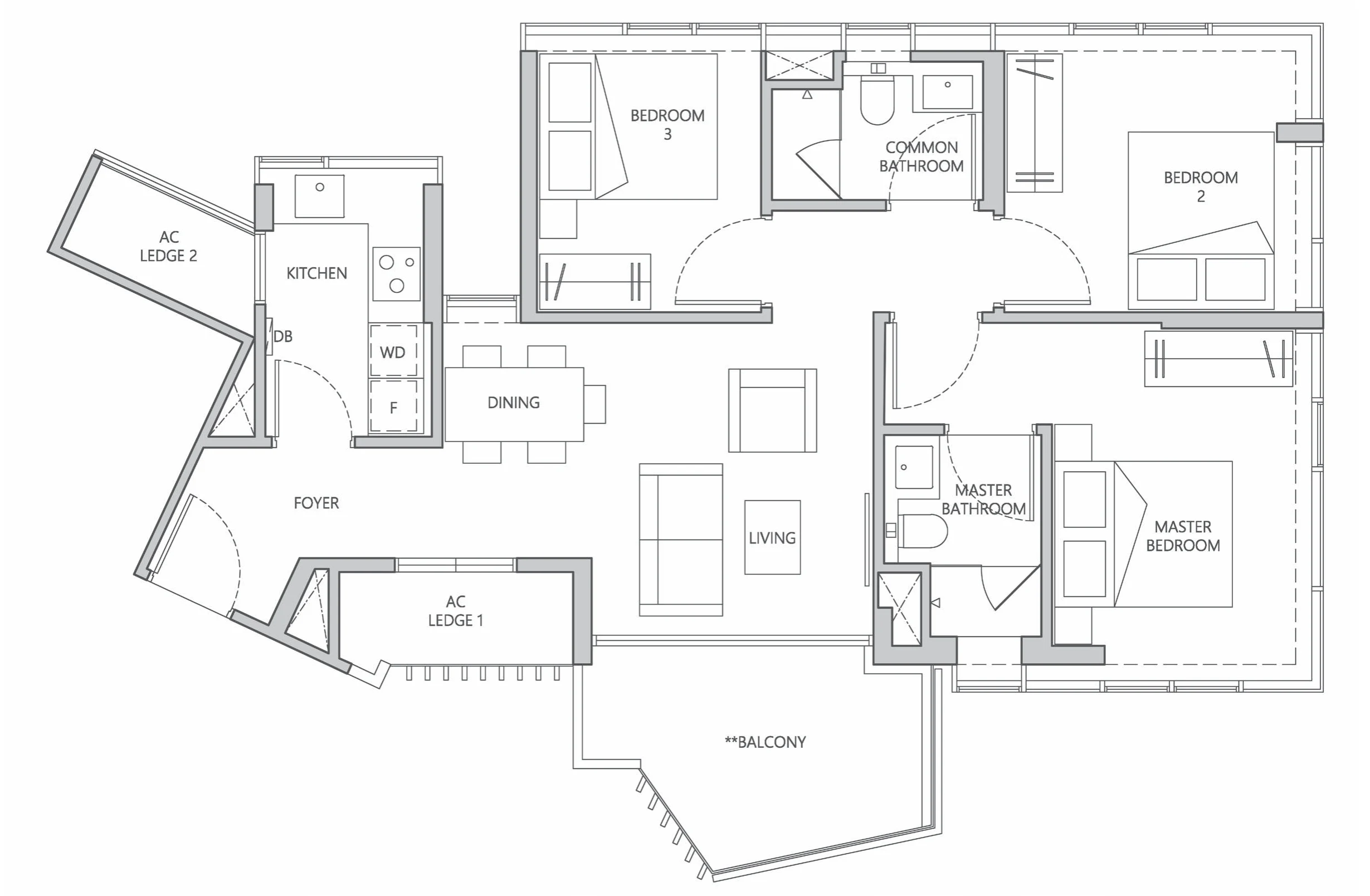 One Meyer floor plan, type C: 3-Bedroom, 915 sq ft