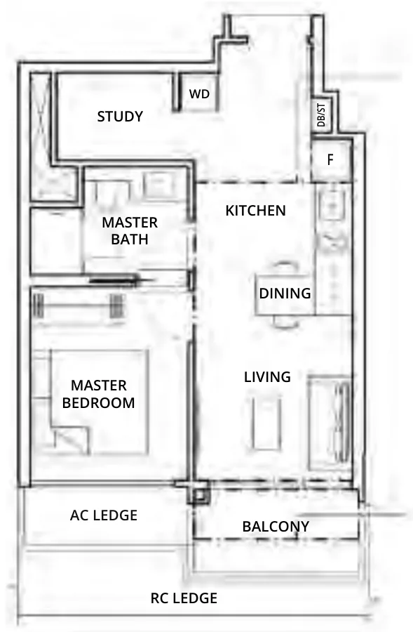 One-North Eden floor plan, type A1: 1-Bedroom + Study, 517 sq ft