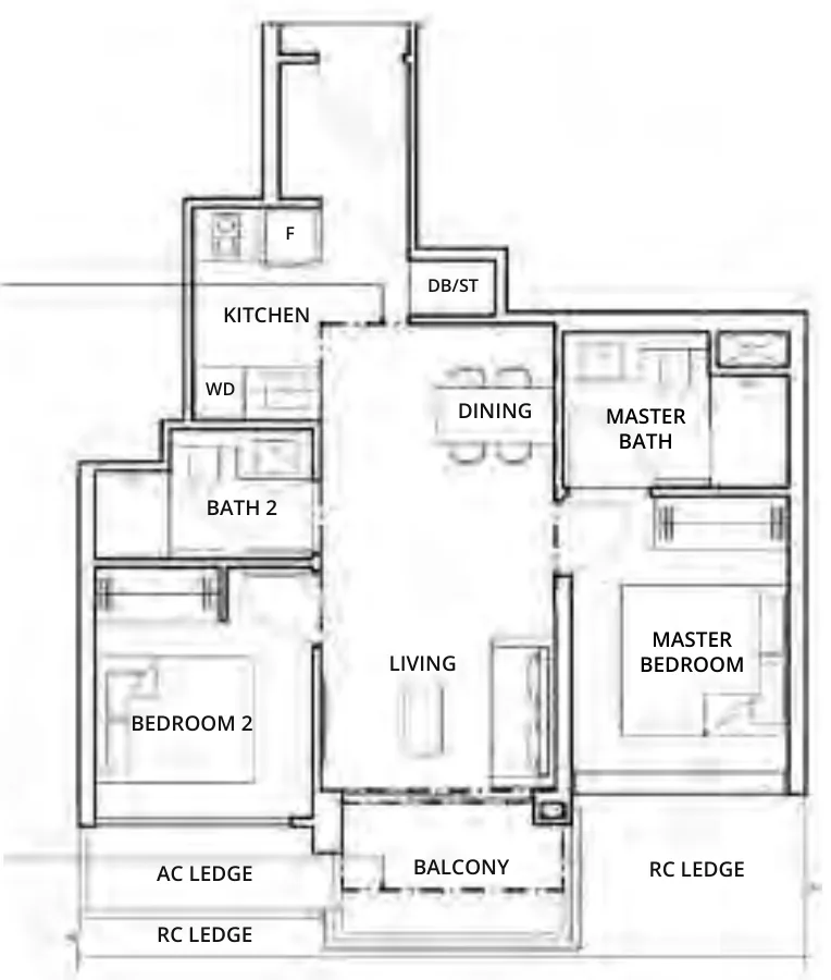 One-North Eden floor plan, type B1: 2-Bedroom, 689 sq ft