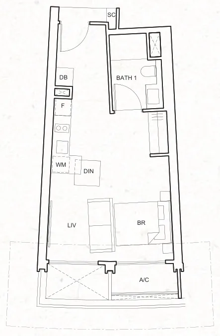 One Pearl Bank floor plan, type A1: Studio (A1), 431 sq ft