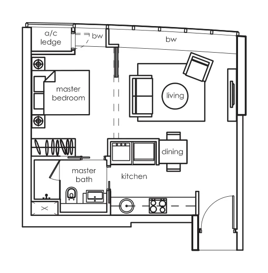 One Shenton floor plan, type B-1-a: 1-Bedroom, 538 sq ft