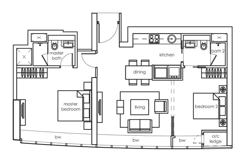One Shenton floor plan, type B-2-a: 2-Bedroom, 904 sq ft