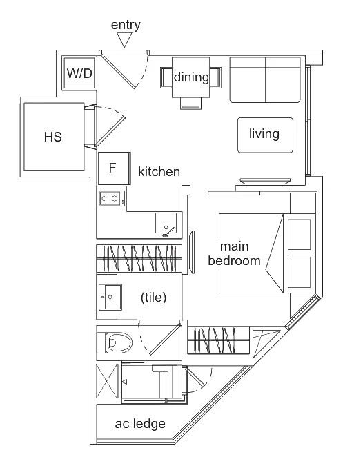 Opal Suites floor plan, type D: 1-Bedroom, 355 sq ft