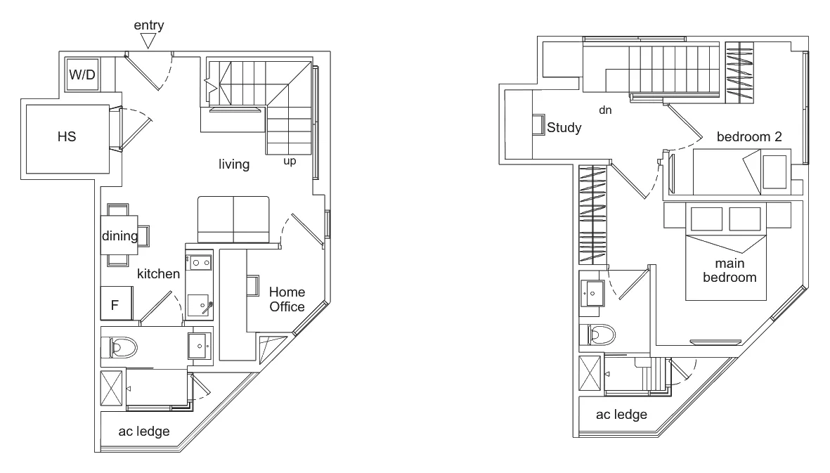 Opal Suites floor plan, type D1: 2-Bedroom duplex, 710 sq ft