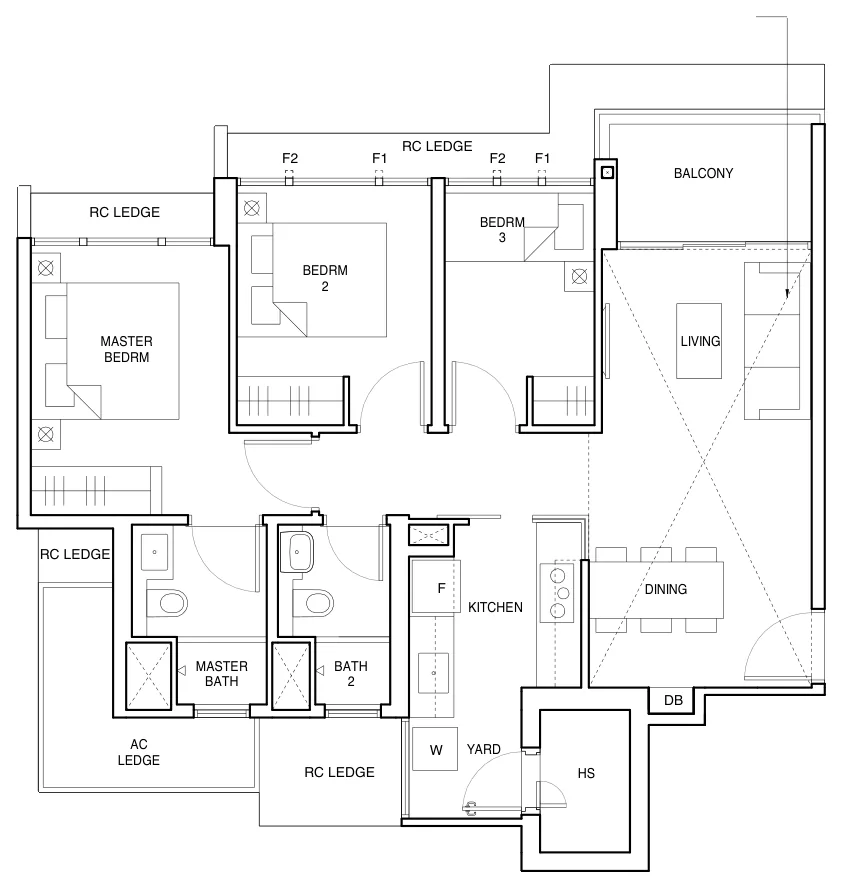 Parc Central Residences floor plan, type C1: 3-Bedroom Deluxe, 872 sq ft