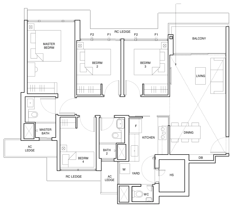 Parc Central Residences floor plan, type D1: 4-Bedroom Premium, 1,109 sq ft