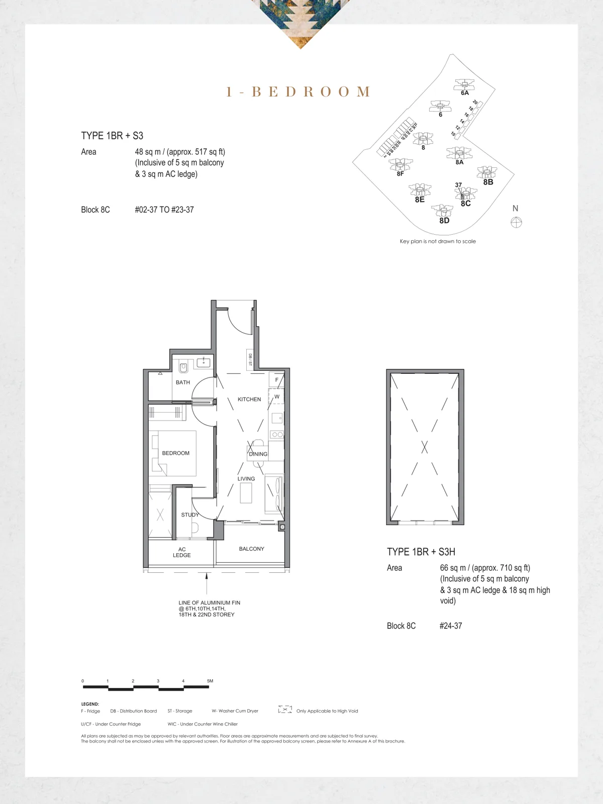 Parc Clematis floor plan, type 1BR+S3: 1-Bedroom + Study, 517 sq ft