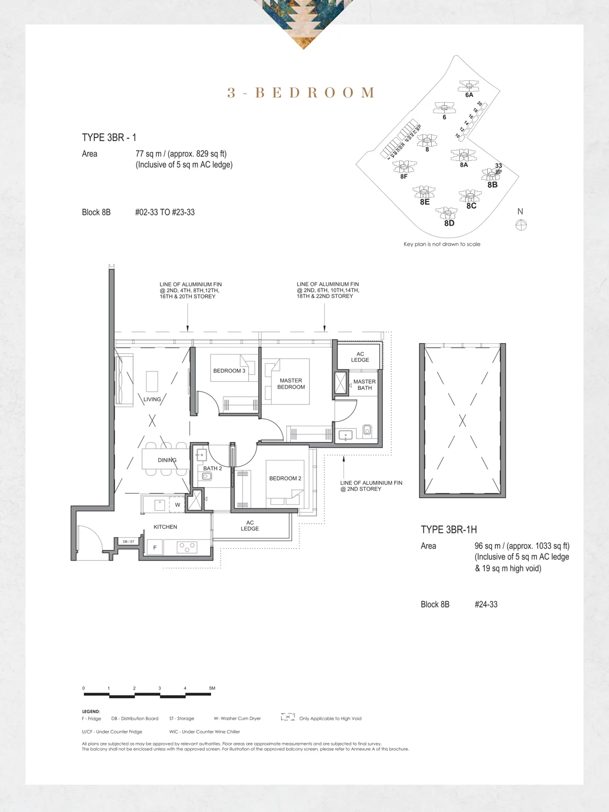 Parc Clematis floor plan, type 3BR-1: 3-Bedroom, 829 sq ft