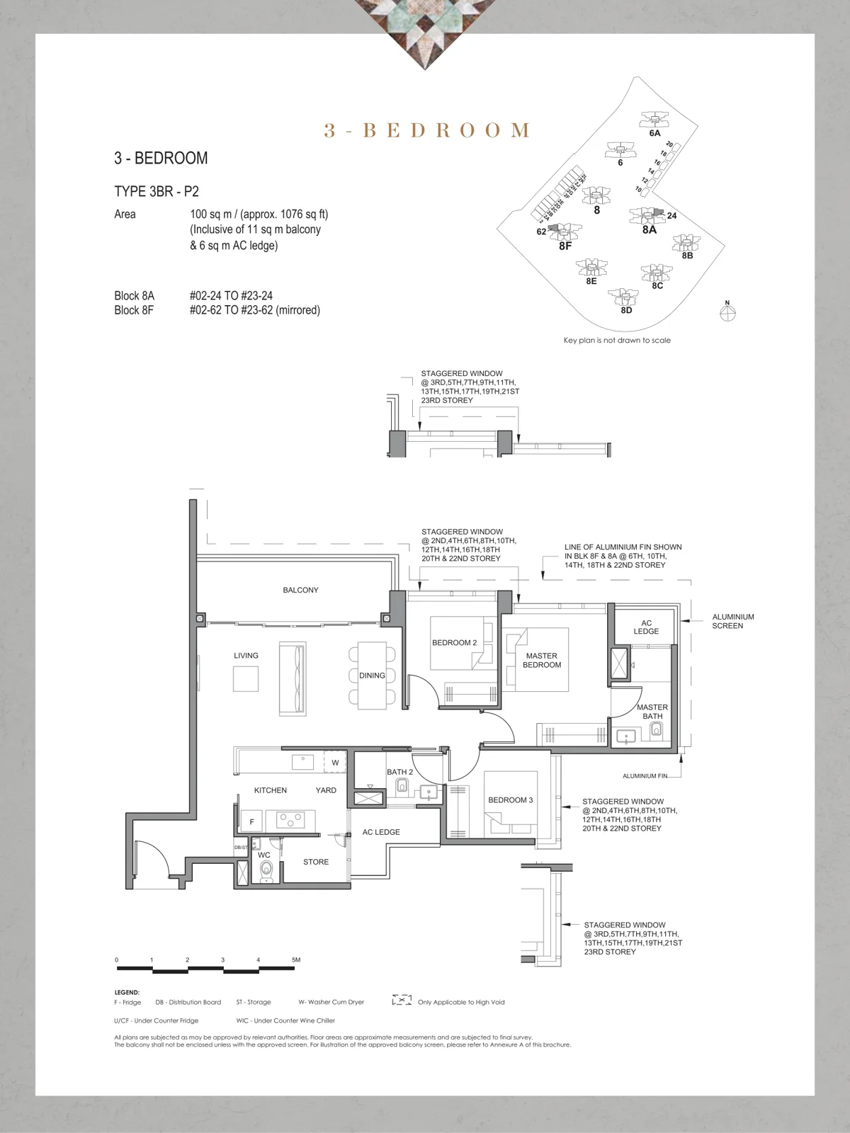 Parc Clematis floor plan, type 3BR-P2: 3-Bedroom Premium, 1,076 sq ft