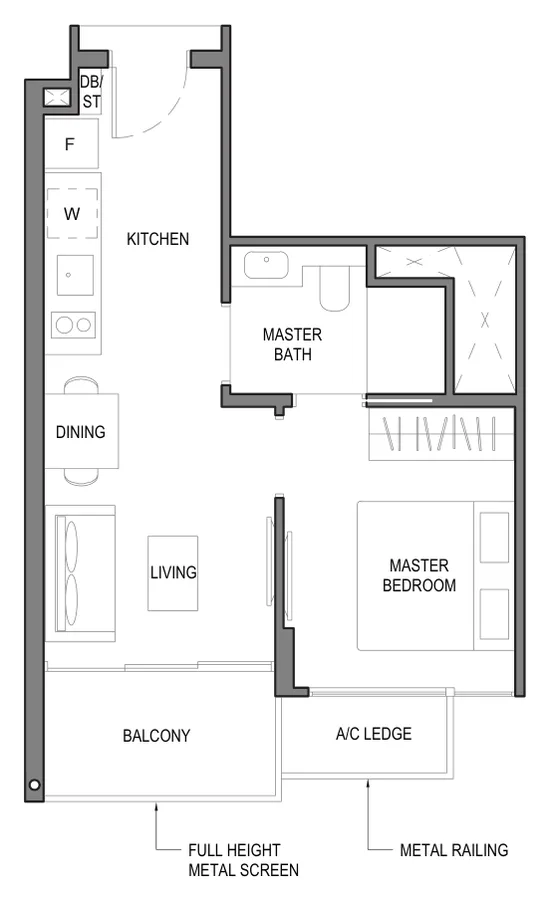 Parc Komo floor plan, type 1B1: 1-Bedroom, 452 sq ft