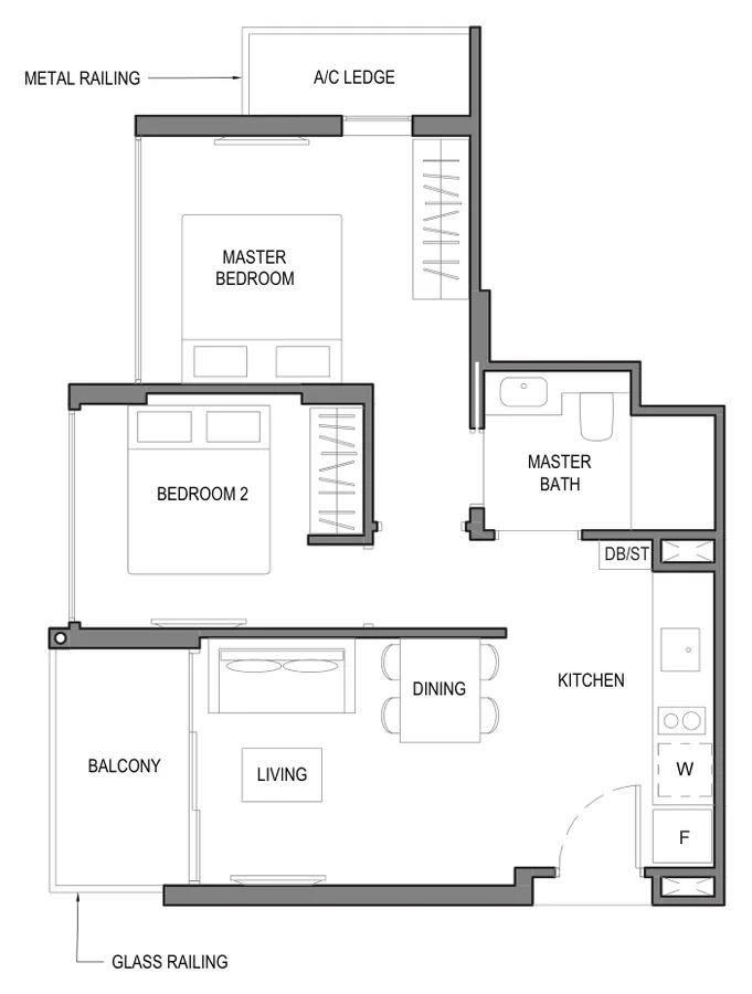 Parc Komo floor plan, type 2C1: 2-Bedroom, 614 sq ft
