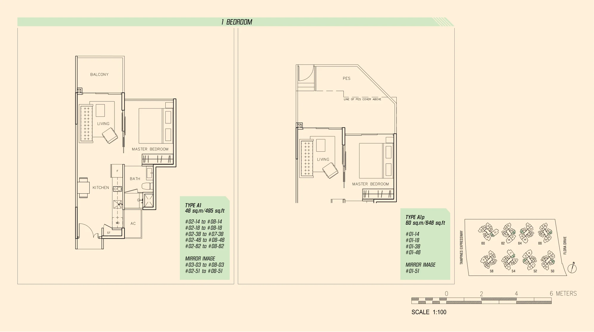 Parc Olympia floor plan, type A1: 1-Bedroom, 495 sq ft