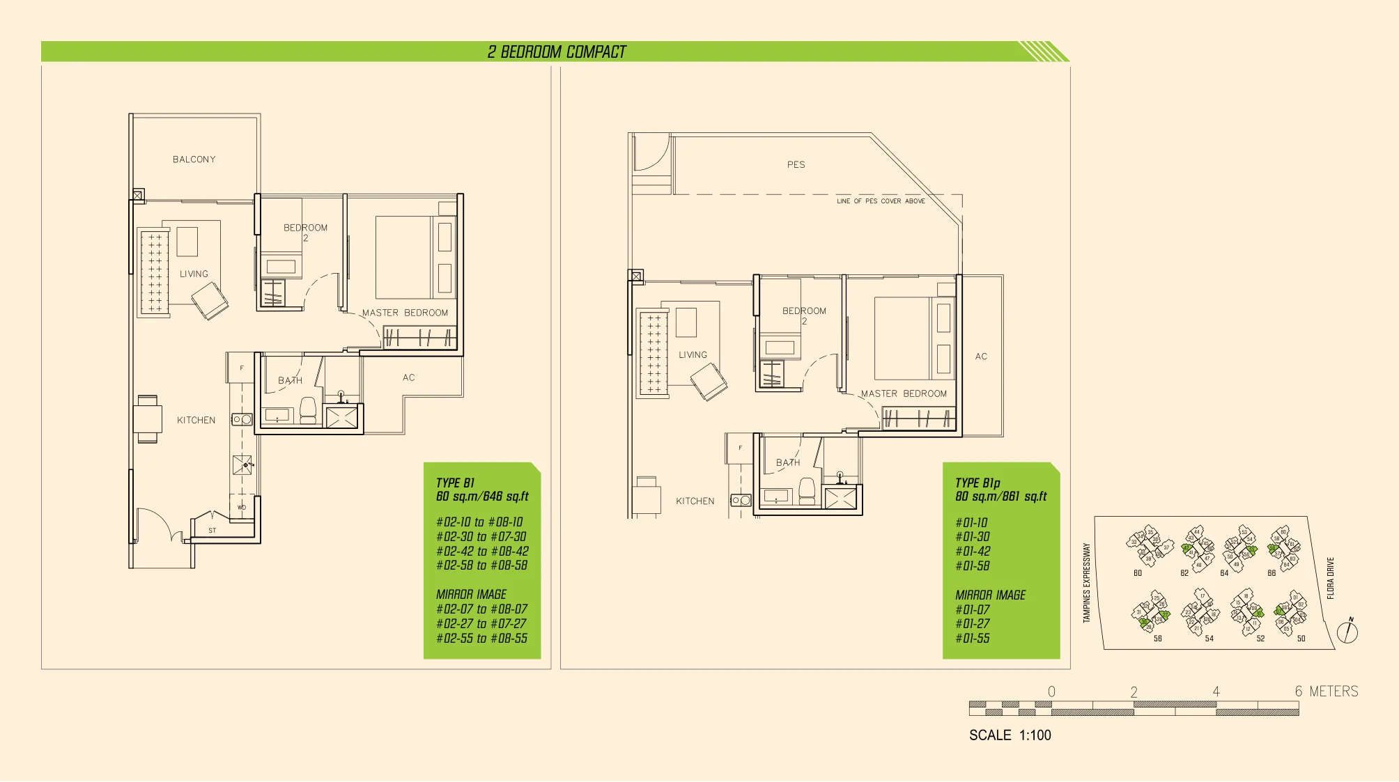 Parc Olympia floor plan, type B1: 2-Bedroom, 646 sq ft
