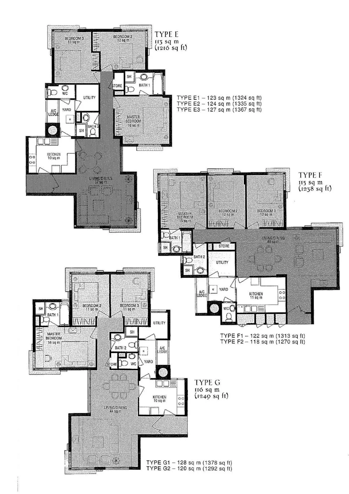 Parc Palais floor plan, type E: 3-Bedroom, 1,216 sq ft