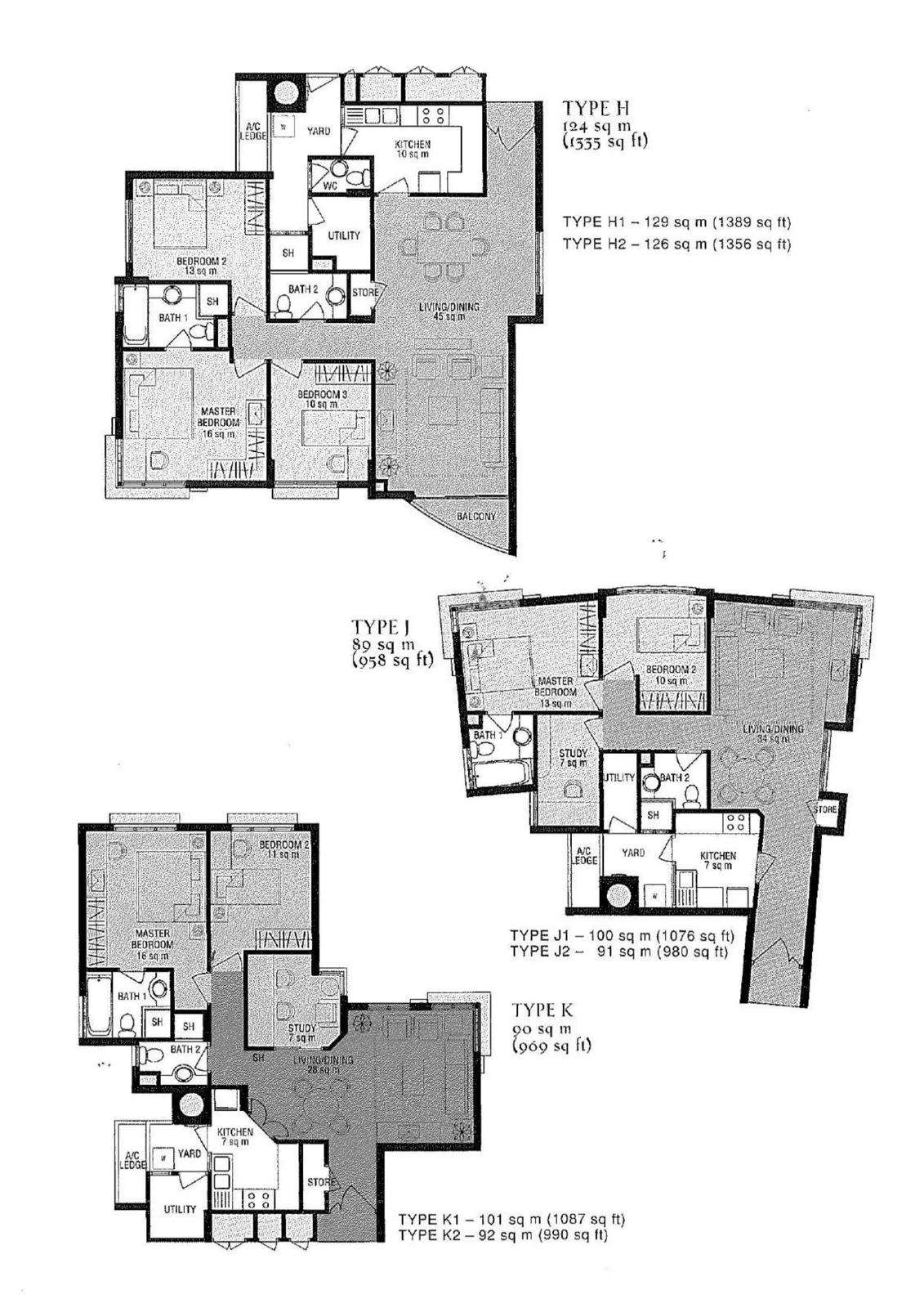 Parc Palais floor plan, type J: 2-Bedroom + Study, 958 sq ft