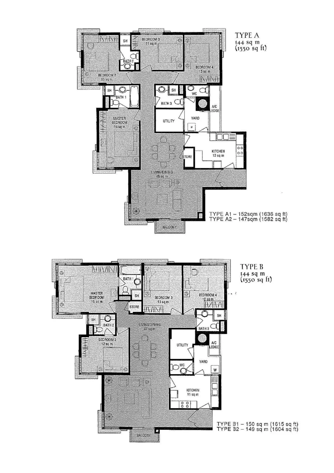 Parc Palais floor plan, type A: 4-Bedroom, 1,550 sq ft