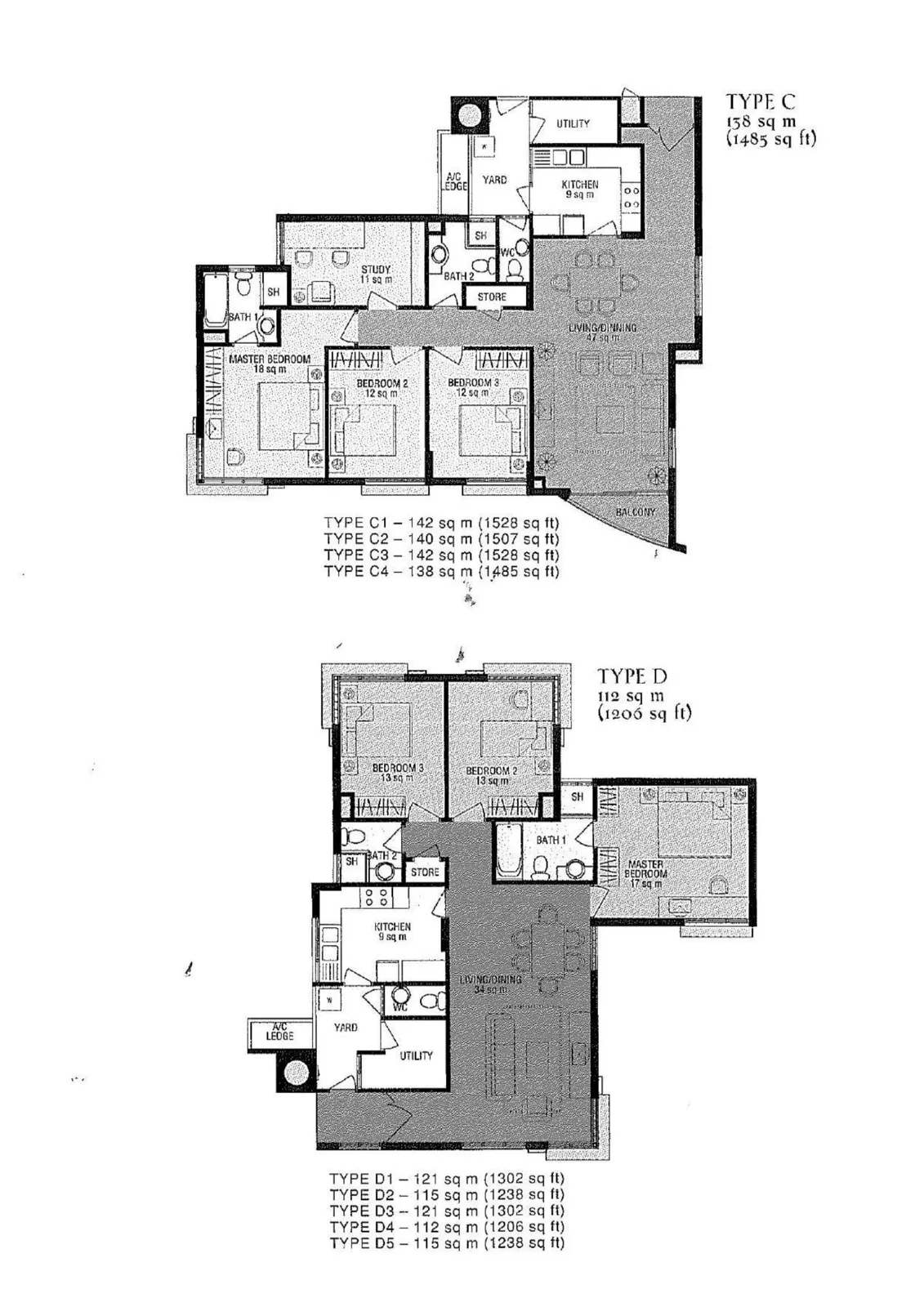 Parc Palais floor plan, type D: 3-Bedroom, 1,206 sq ft