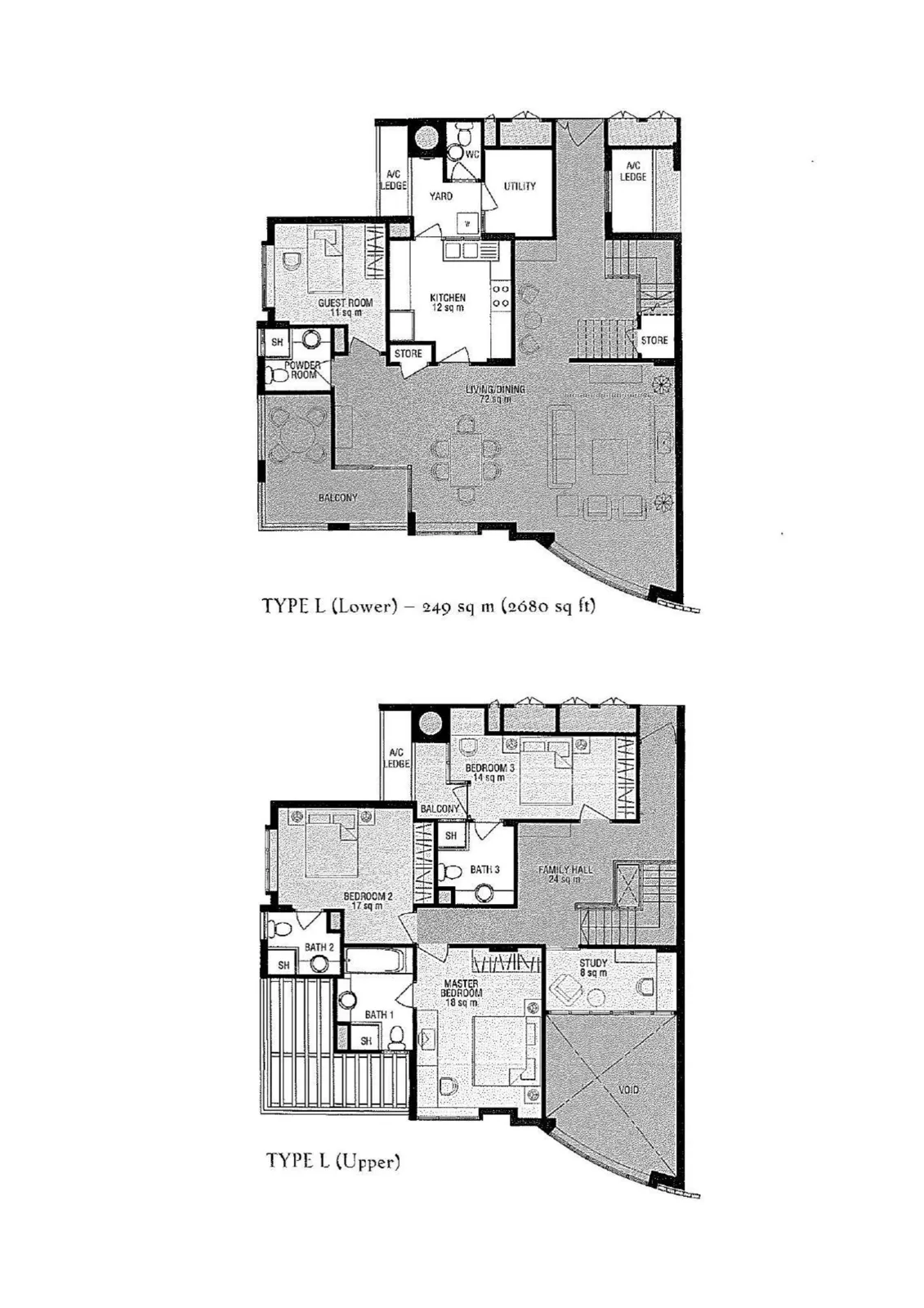 Parc Palais floor plan, type L: Penthouse (4-Bedroom, two storeys), 2,680 sq ft