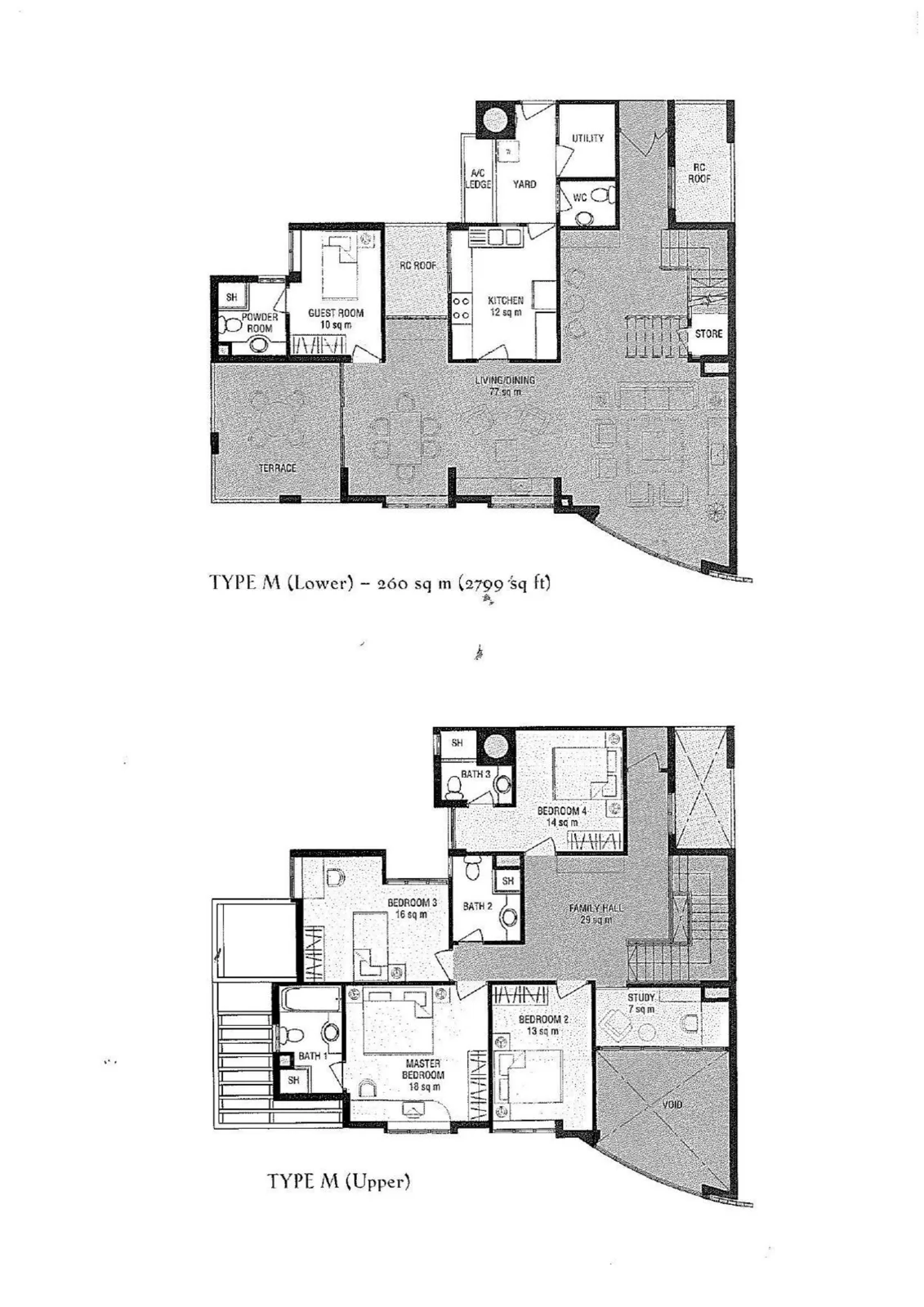 Parc Palais floor plan, type M: Penthouse (5-Bedroom, two storeys), 2,799 sq ft