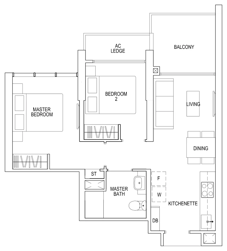 Parc Riviera floor plan, type B1: 2 Bedrooms Executive, 603 sq ft