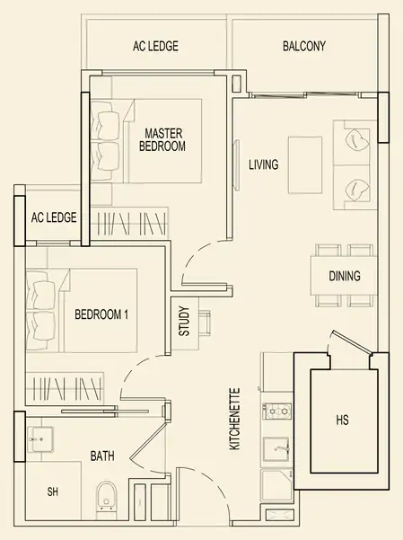 Parc Rosewood floor plan, type 79 A: 2 Bedroom, 581 sq ft