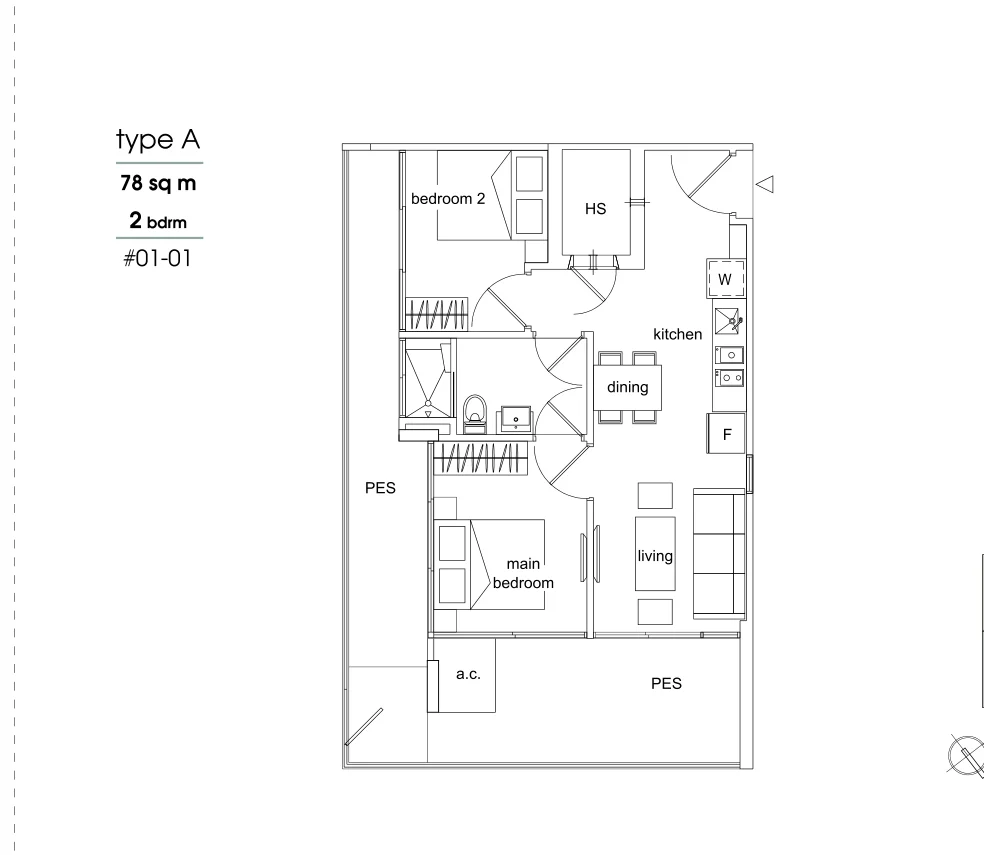 Parc Sophia floor plan, type A: 2-Bedroom, 840 sq ft