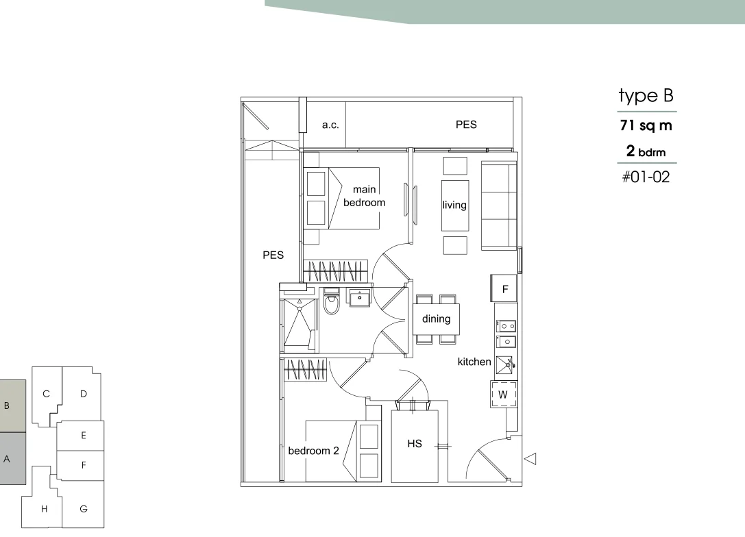 Parc Sophia floor plan, type B: 2-Bedroom, 764 sq ft