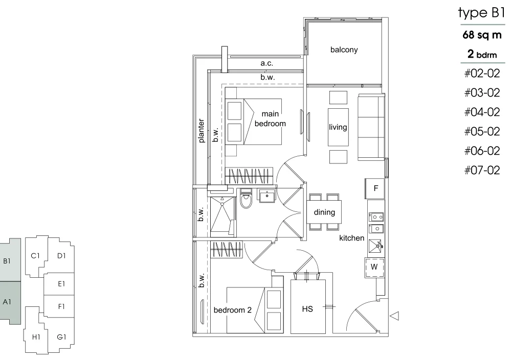 Parc Sophia floor plan, type B1: 2-Bedroom, 732 sq ft