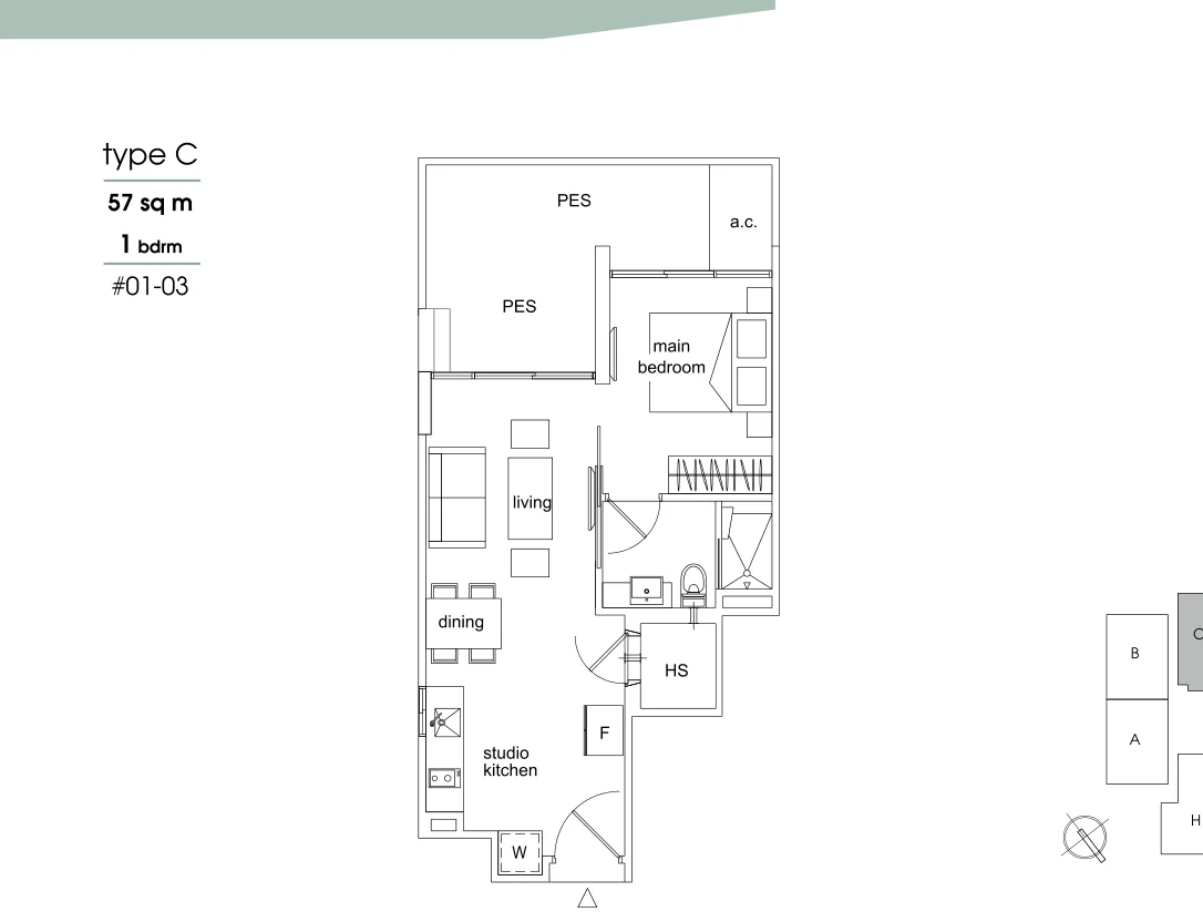Parc Sophia floor plan, type C: 1-Bedroom, 614 sq ft