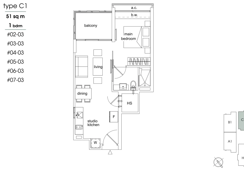 Parc Sophia floor plan, type C1: 1-Bedroom, 549 sq ft