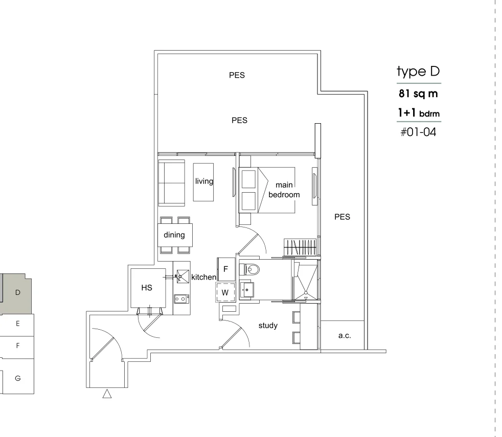 Parc Sophia floor plan, type D: 1-Bedroom + Study, 872 sq ft