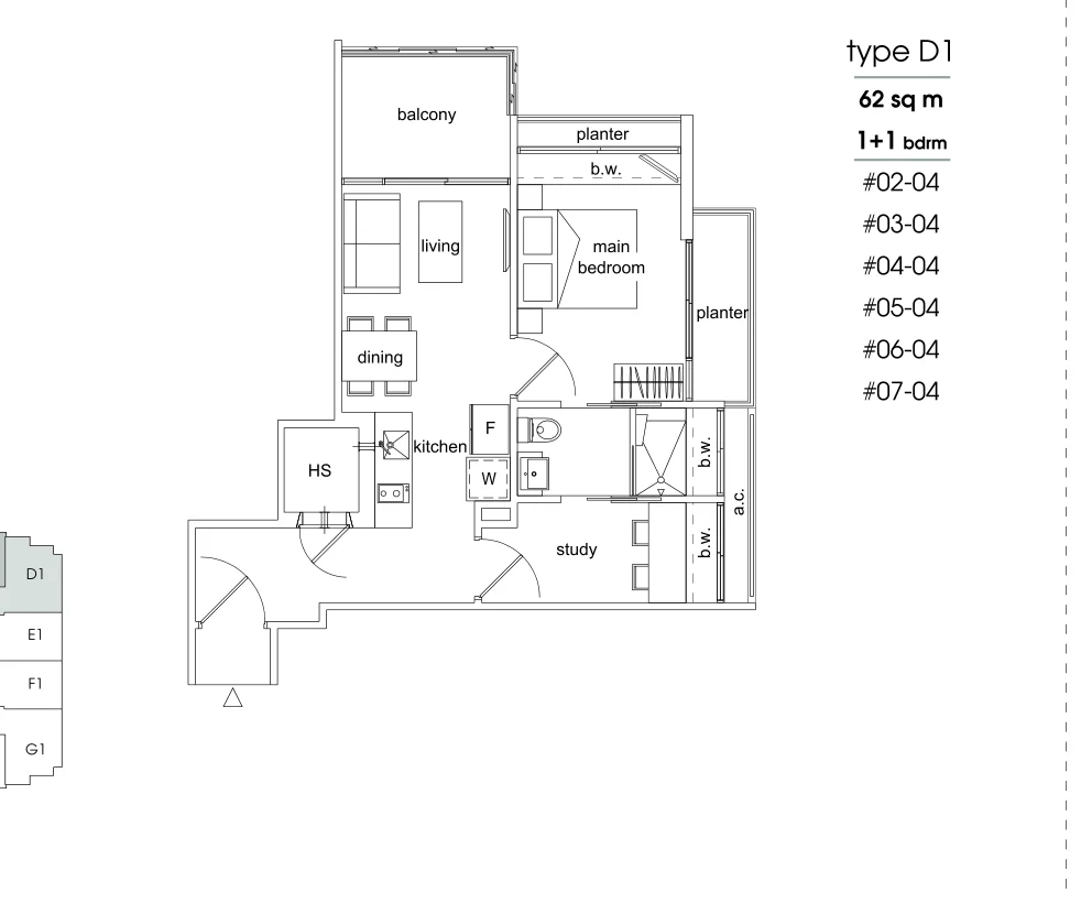 Parc Sophia floor plan, type D1: 1-Bedroom + Study, 667 sq ft