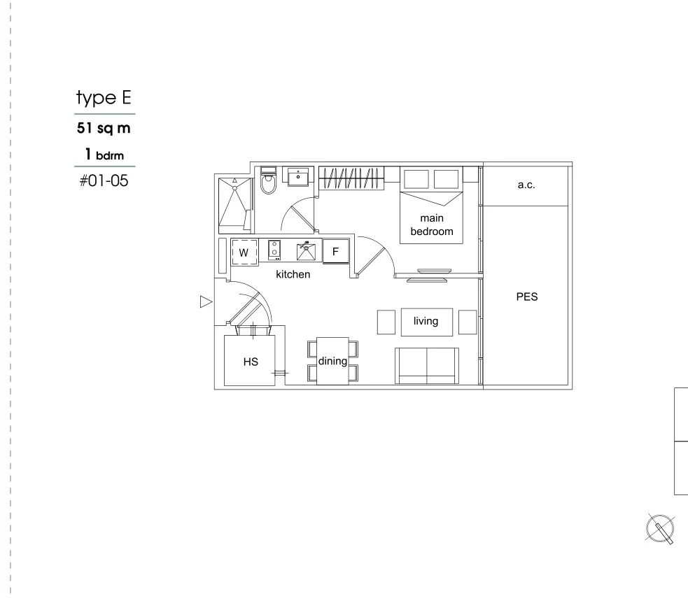 Parc Sophia floor plan, type E: 1-Bedroom, 549 sq ft