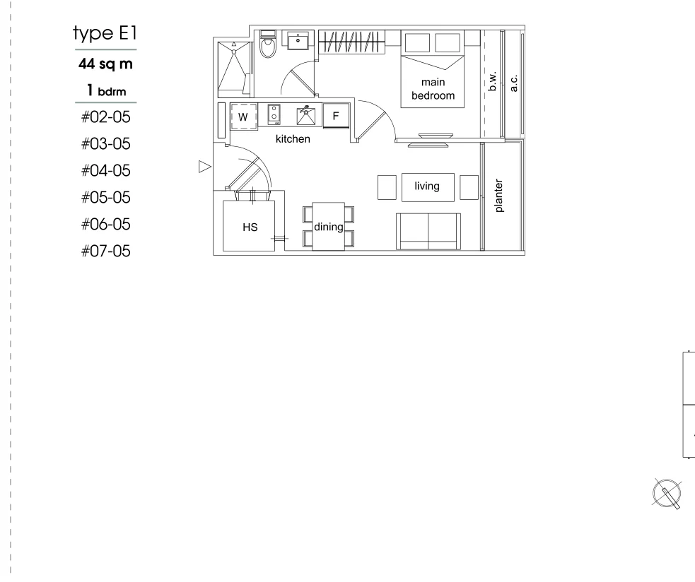 Parc Sophia floor plan, type E1: 1-Bedroom, 474 sq ft