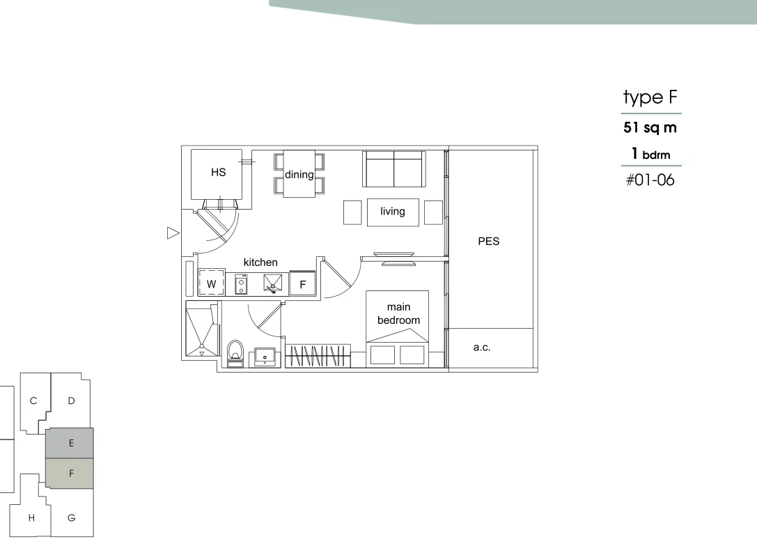 Parc Sophia floor plan, type F: 1-Bedroom, 549 sq ft