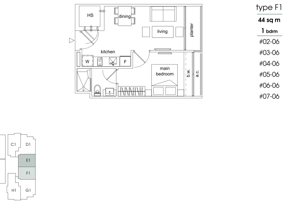 Parc Sophia floor plan, type F1: 1-Bedroom, 474 sq ft