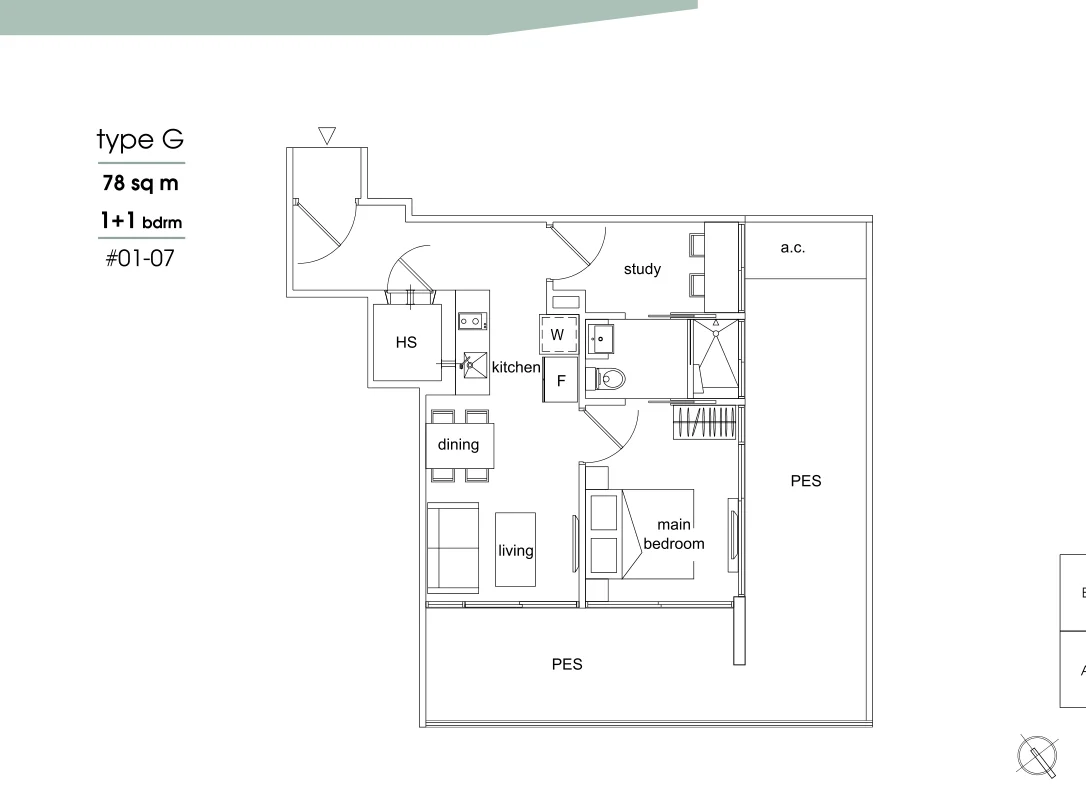 Parc Sophia floor plan, type G: 1-Bedroom + Study, 840 sq ft