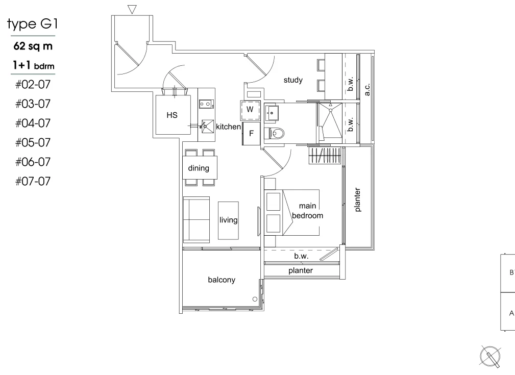 Parc Sophia floor plan, type G1: 1-Bedroom + Study, 667 sq ft