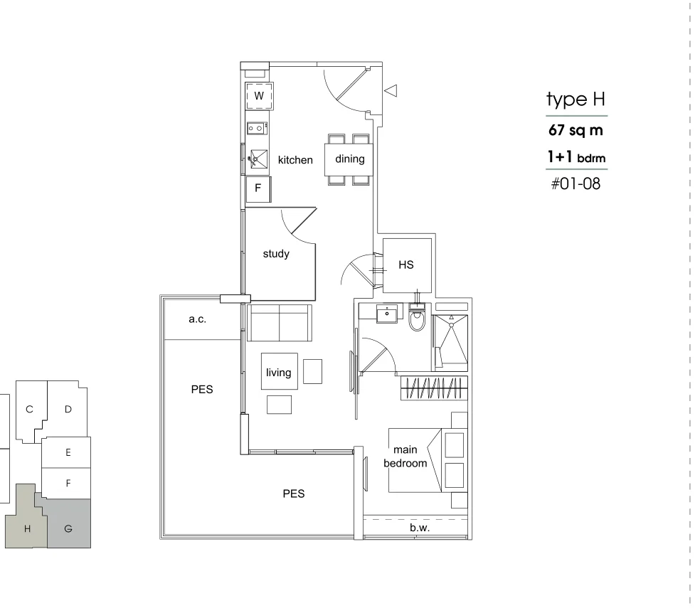 Parc Sophia floor plan, type H: 1-Bedroom + Study, 721 sq ft