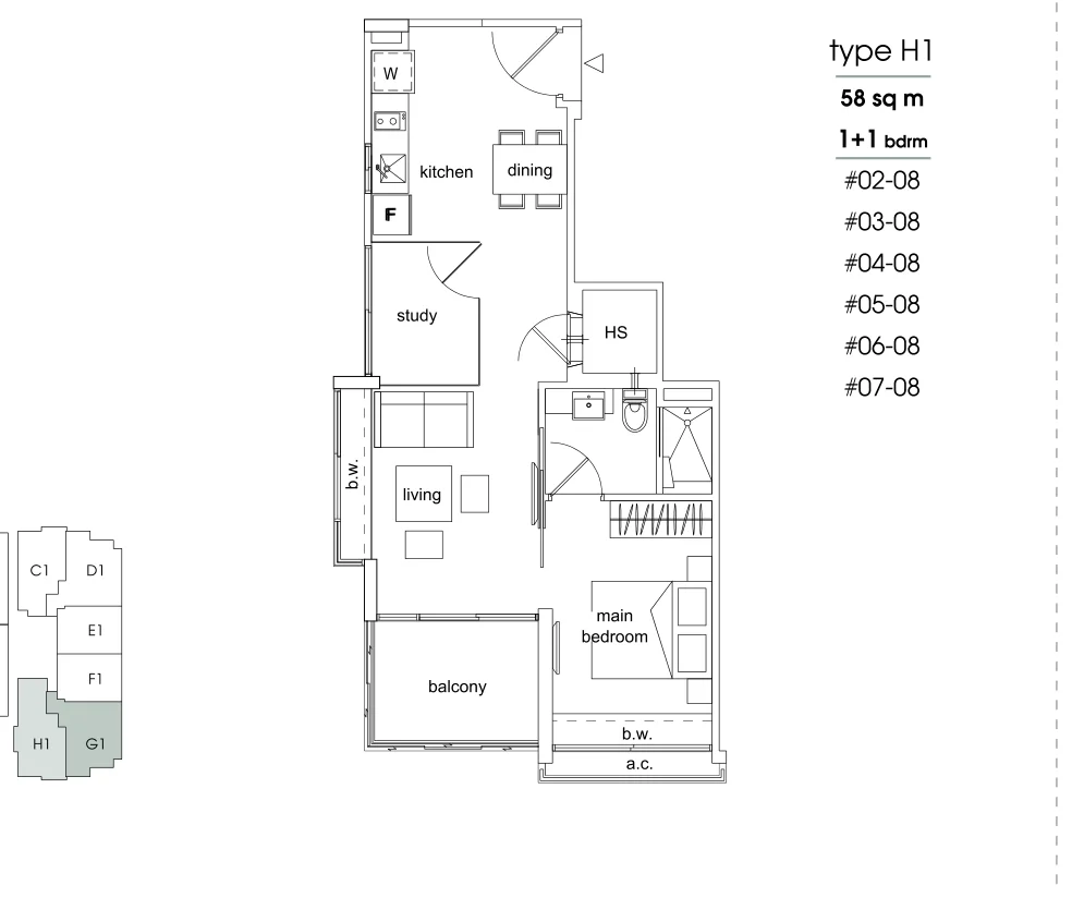 Parc Sophia floor plan, type H1: 1-Bedroom + Study, 624 sq ft