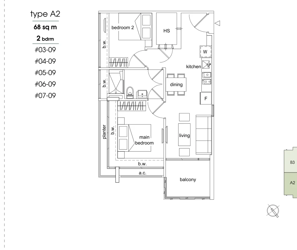 Parc Sophia floor plan, type A2: 2-Bedroom, 732 sq ft