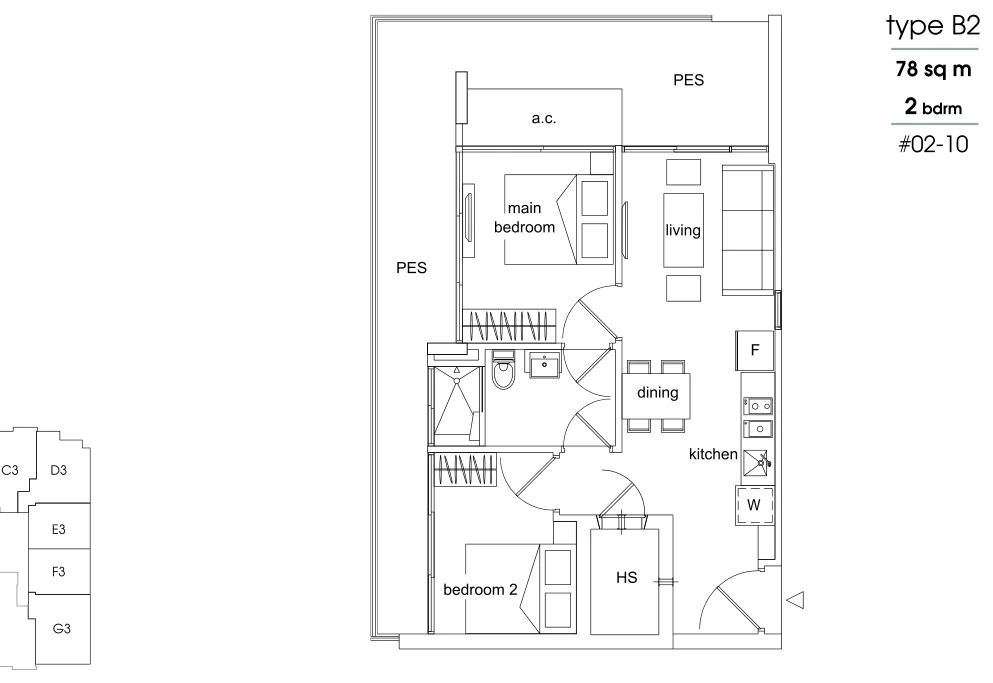 Parc Sophia floor plan, type B2: 2-Bedroom, 840 sq ft